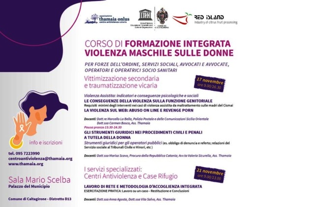 Caltagirone. Corso di formazione integrata violenza maschile sulle donne per forze dell’ordine, servizi sociali, avvocati e operatori socio-sanitari: giovedì 17 novembre